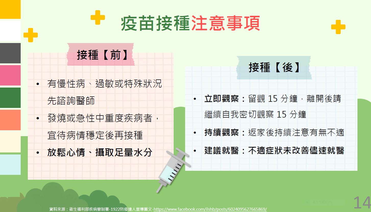 疫苗接種注意事項-衛福部疾管署宣導海報